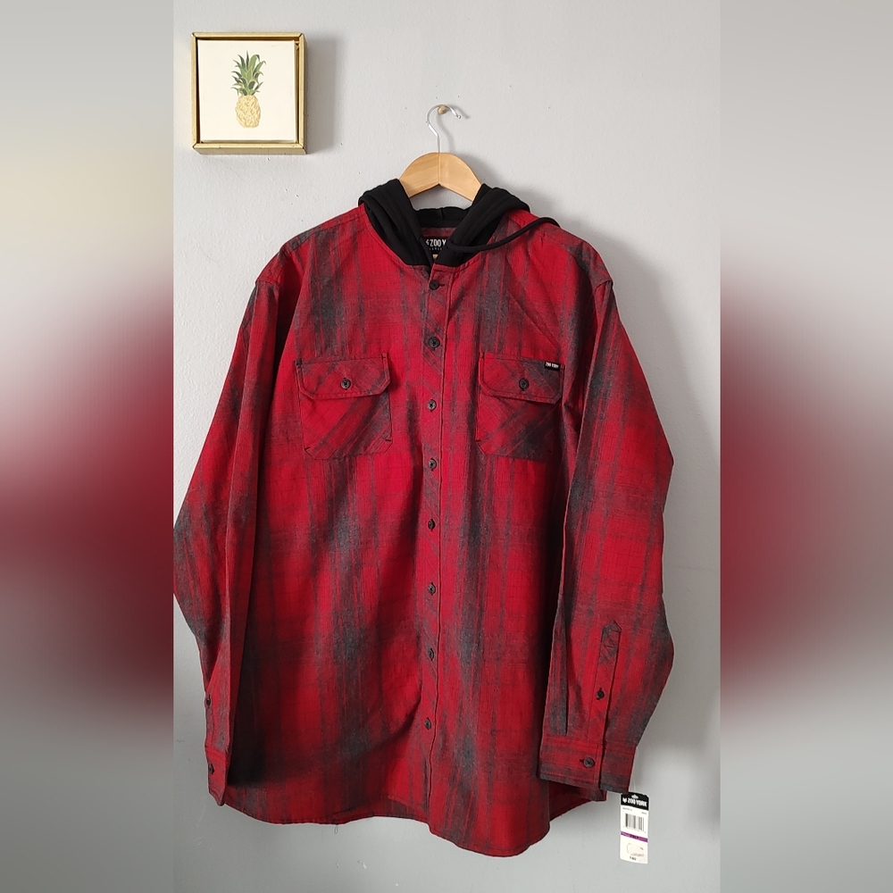 Zoo York Button Down T shirt  With Hoodie mens Cotton And Polyester 2XLT New Red